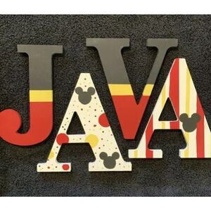 Java (coffee) Disney Hand Painted Letters Mickey Mouse Stripes Poke A Dots Red